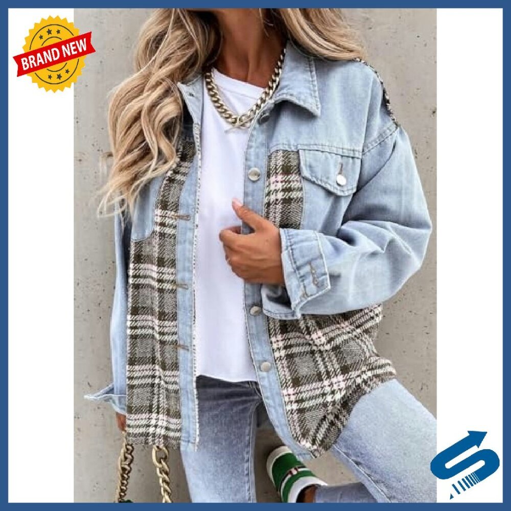 Oversized Denim Plaid Shacket Button Down Long Sleeve Distressed Jacket - Picture 4 of 8